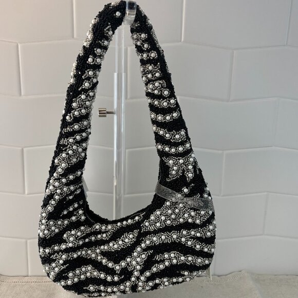 Viral Zebra Hobo Bag - Made in India - Black, White, Silver and Pearls - Picture 2 of 10